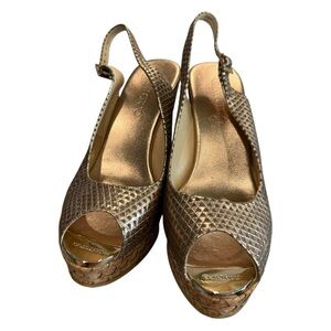 NEW Jimmy Choo Gold-Tip Slingback Wedge Sandals Metallic Python Print Size 41.5